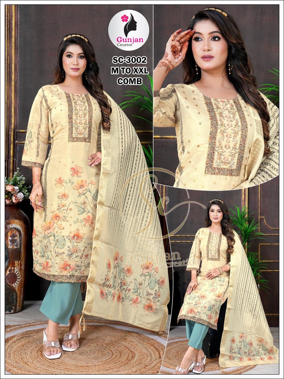 Beige Floral Printed Suit with Embroidered Neckline