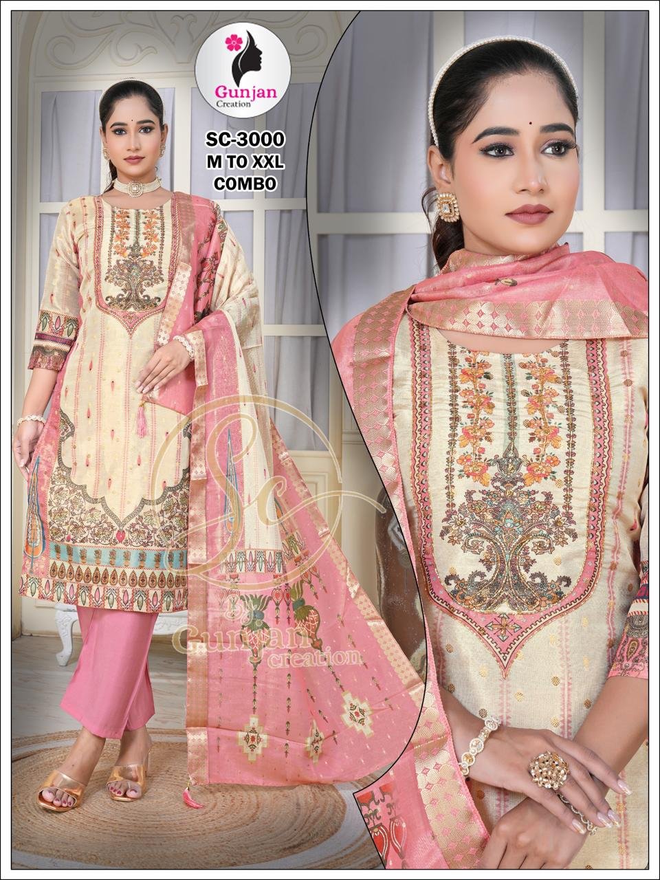 Cream and Pink Embroidered Salwar Kameez