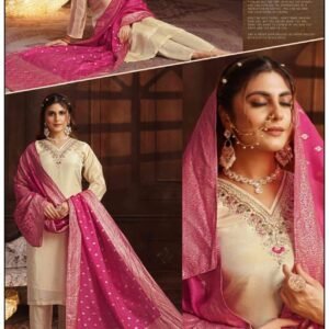 Beige Suit with Fuchsia Pink Banarasi Dupatta