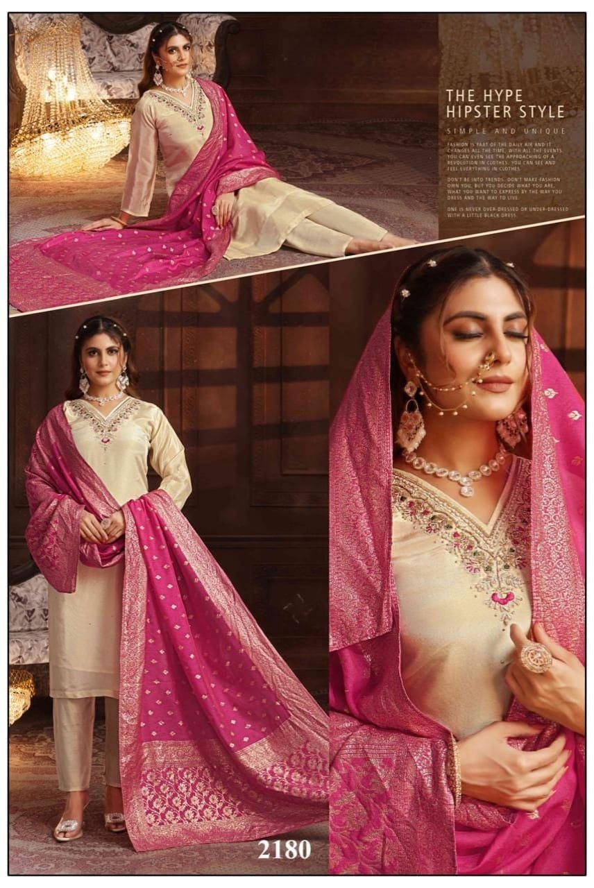 Elegant Beige Suit with Fuchsia Pink Banarasi Dupatta