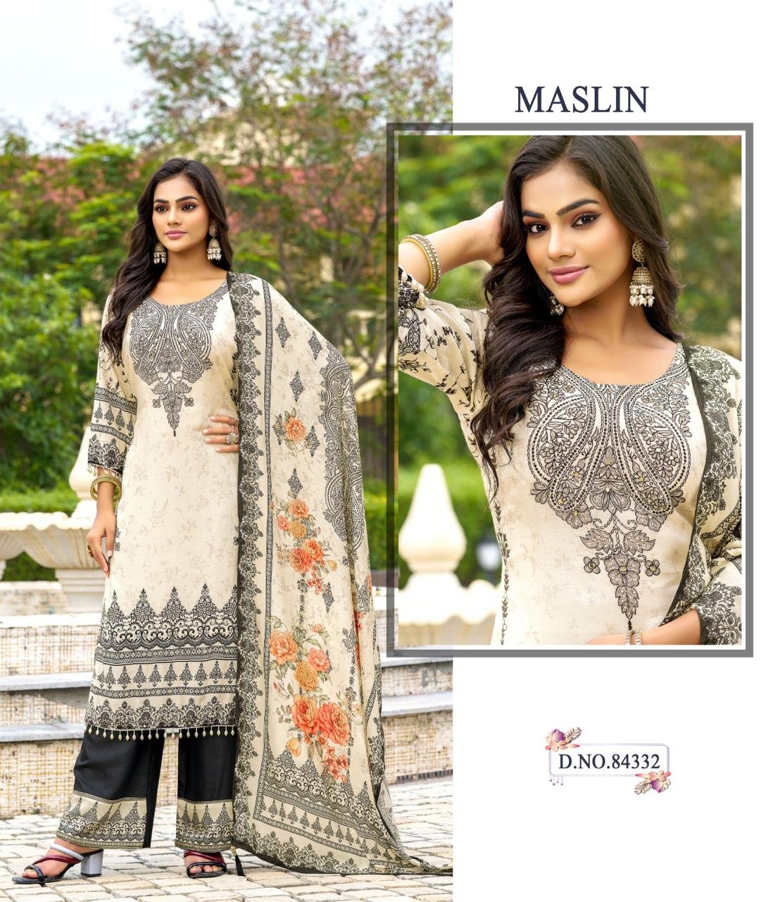 Cream & Black Printed Suit with Floral Dupatta
